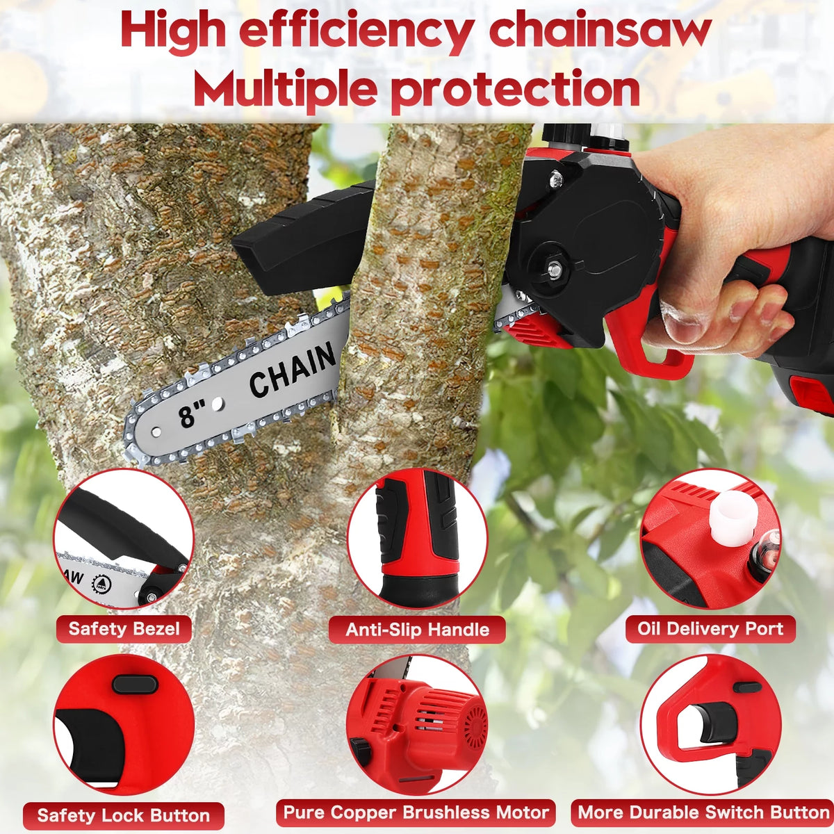 8 inch Cordless Mini Chainsaw with 2 Chains and 3.0Ah Battery X7362