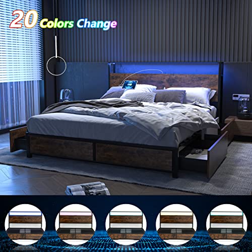 Full Size Metal Bed Frame with Storage Drawers, Rustic Brown Z5072