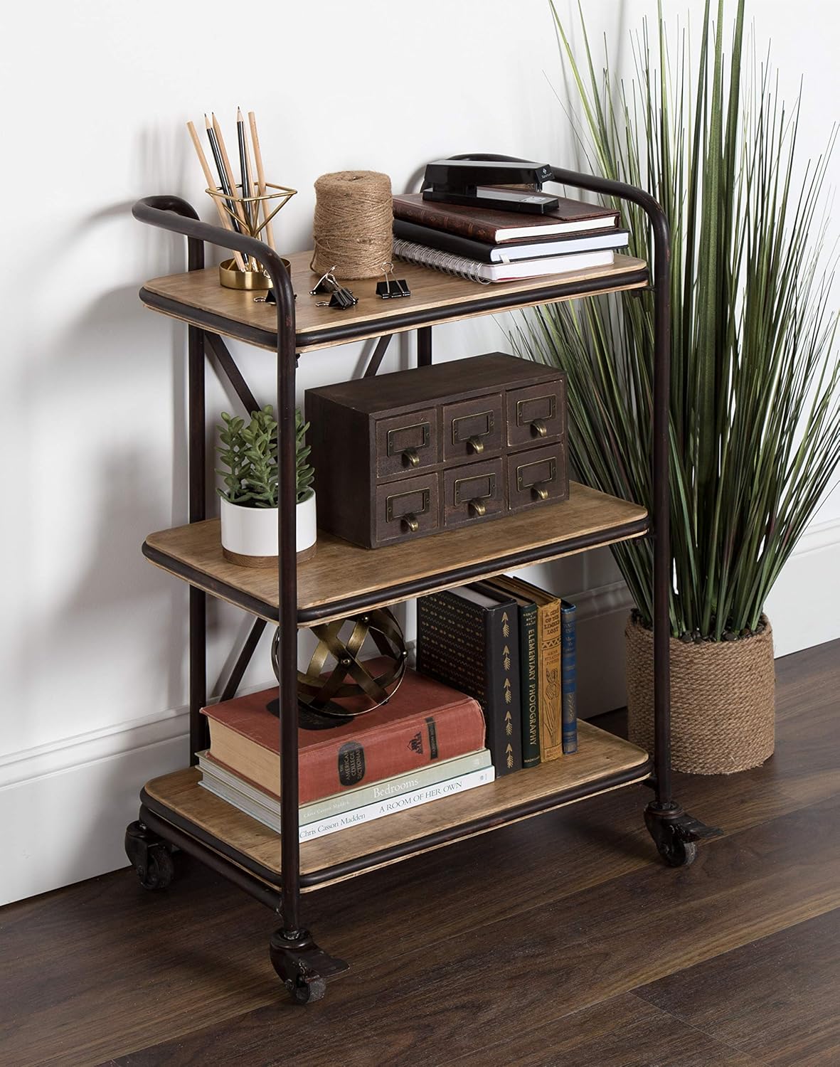 Wood and Metal 3 Tiered Rolling Bar Cart S791313