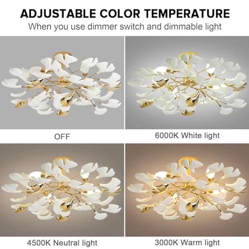 Gold Ceramic Ginkgo Leaf Semi Flush Mount Ceiling Light Fixture, 24" P7434