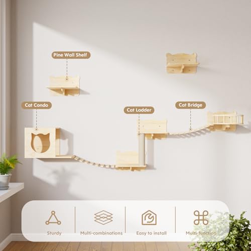 16 Pcs Pine Wooden Cat Wall Shelves with House I32275
