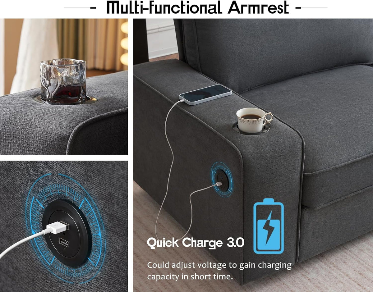 Grey Chenille Sofa with USB Charging Ports & Cup Holders K315