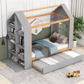 Twin Size Wood Platform Bed with Storage Shelves and Trundle K685