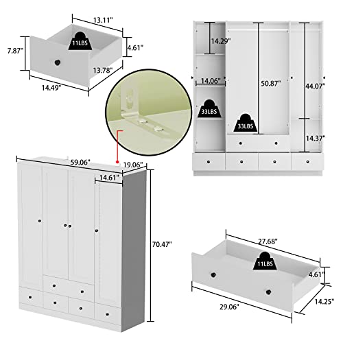 White 5 Drawer Wardrobe with Shelves and Hanging Rod S99539