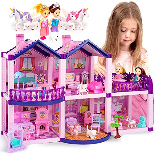Pink and Purple Dollhouse with 4 Princesses, 4 Unicorns, Dog, Furniture and Accessories Y781005
