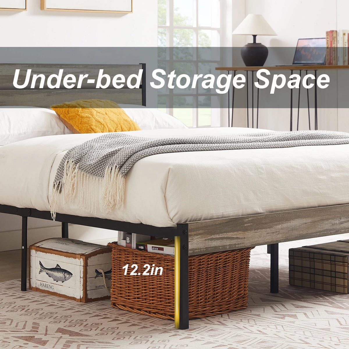 Queen Size Metal Platform Bed with Wooden Headboard L790094