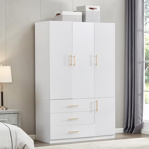 White 4 Doors 3 Drawers Wooden Closet Cabinet Wardrobe Armoire Z53826
