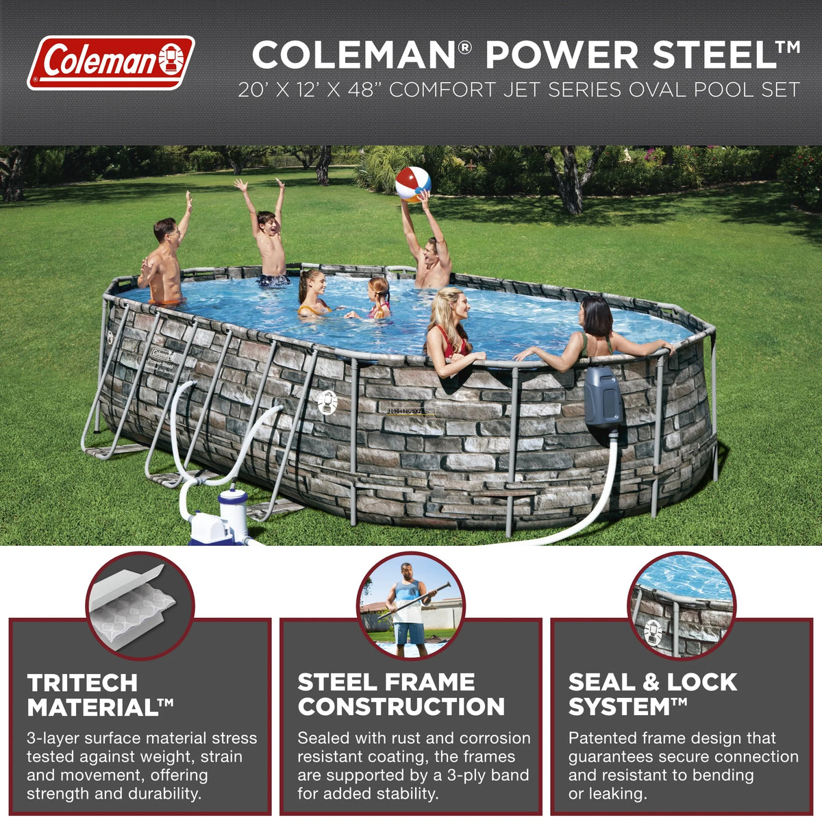 Coleman 20' Power Steel Comfort Jet Oval 48 Deep Metal Frame Above Ground Pool Y3610