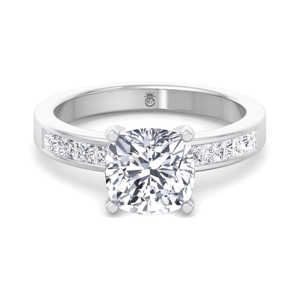 Moissanite Cushion Cut Lab Diamond Engagement Ring With Princess Cut Sidestones I6888