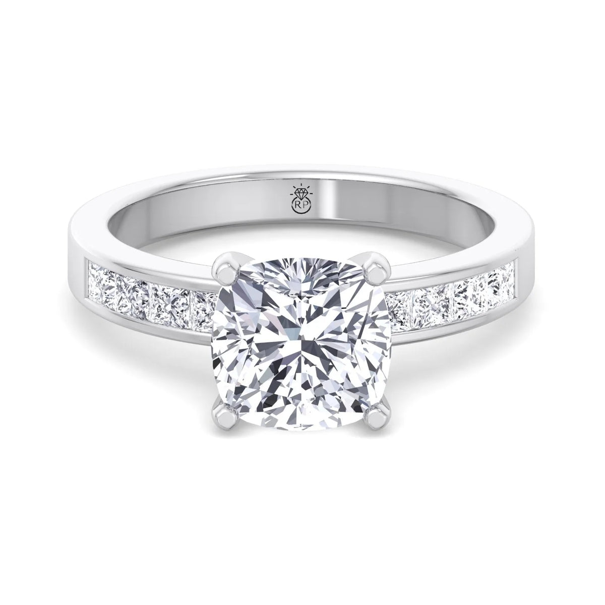 Moissanite Cushion Cut Lab Diamond Engagement Ring With Princess Cut Sidestones I6888