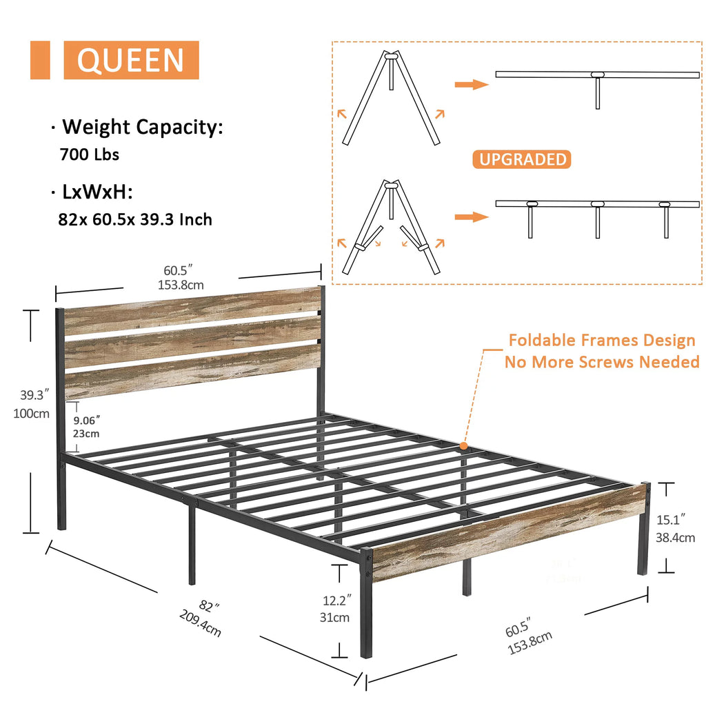 Queen Size Metal Platform Bed with Wooden Headboard L790094
