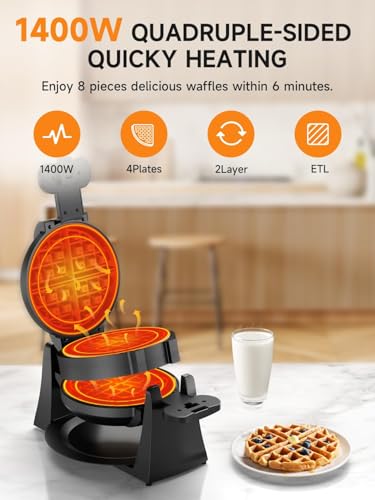Black 1400W Double Belgian Waffle Iron Nonstick X589