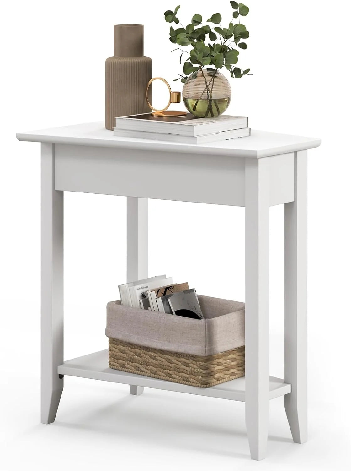 White Triangle Side Table with Storage Shelf and Solid Wood Legs V301