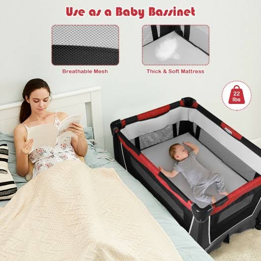 Red 4-in-1 Convertible Portable Baby Play Yard with Toys and Music Player O45007