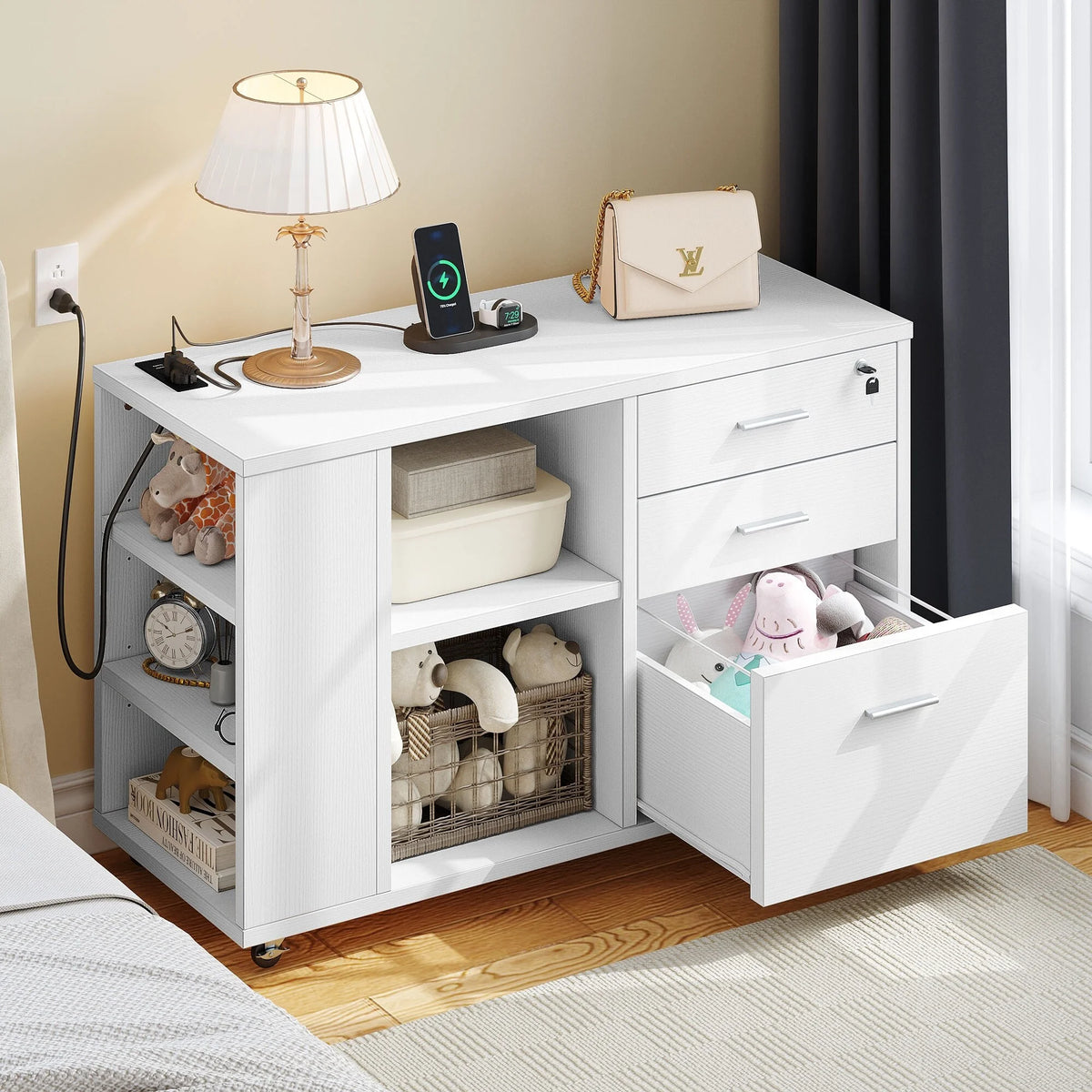 White Wood File Cabinet with Charging Station T744