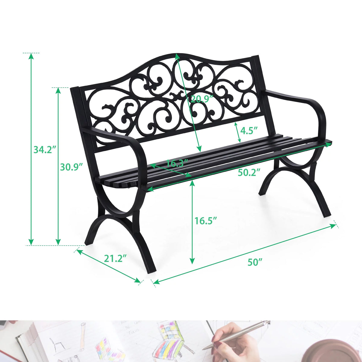 50" Outdoor Iron Cast Garden Park Bench - Black Y58927