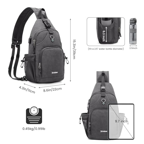 Canvas Sling Bag Crossbody Backpack with USB Charging Port (Dark Grey) U773