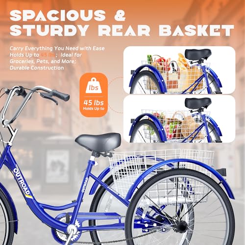 24 Inch Blue 7-Speed Adult Tricycle with Large Basket S322158