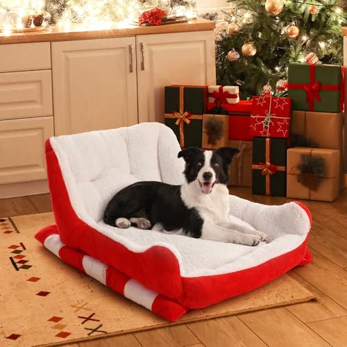 Red White 24x15x11 Inch Plush Synthetic Fur Christmas Dog Bed P36759