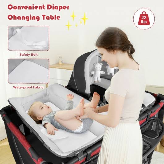 Red 4-in-1 Convertible Portable Baby Play Yard with Toys and Music Player O45007