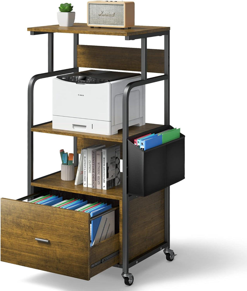 3 Tier Printer Stand with Drawer, Canvas Bag, Metal Hook, Lockable Casters N471