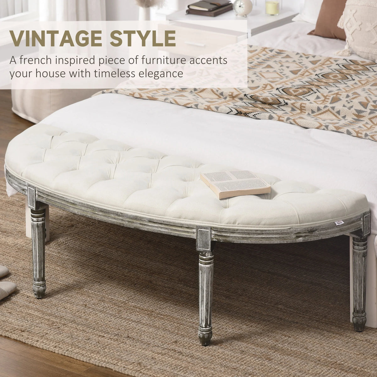 Off White Tufted Ottoman Bench D534