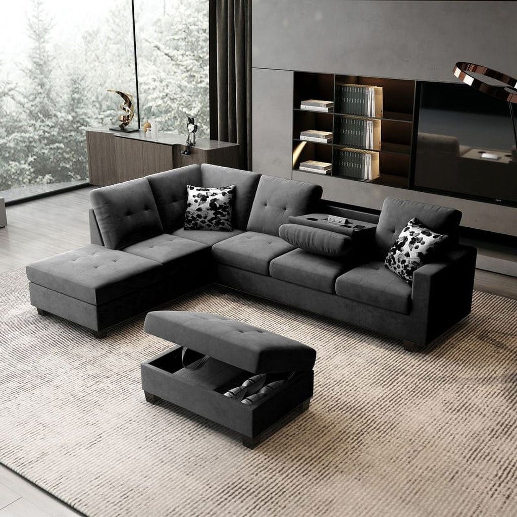 Dark Gray Velvet Reversible Sectional Sofa with Storage Ottoman E117