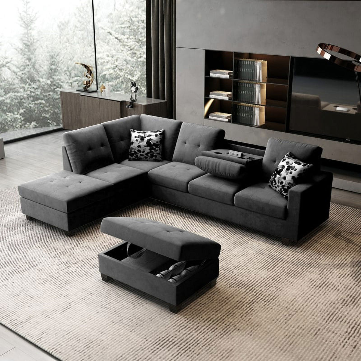 Dark Gray Velvet Reversible Sectional Sofa with Storage Ottoman E117