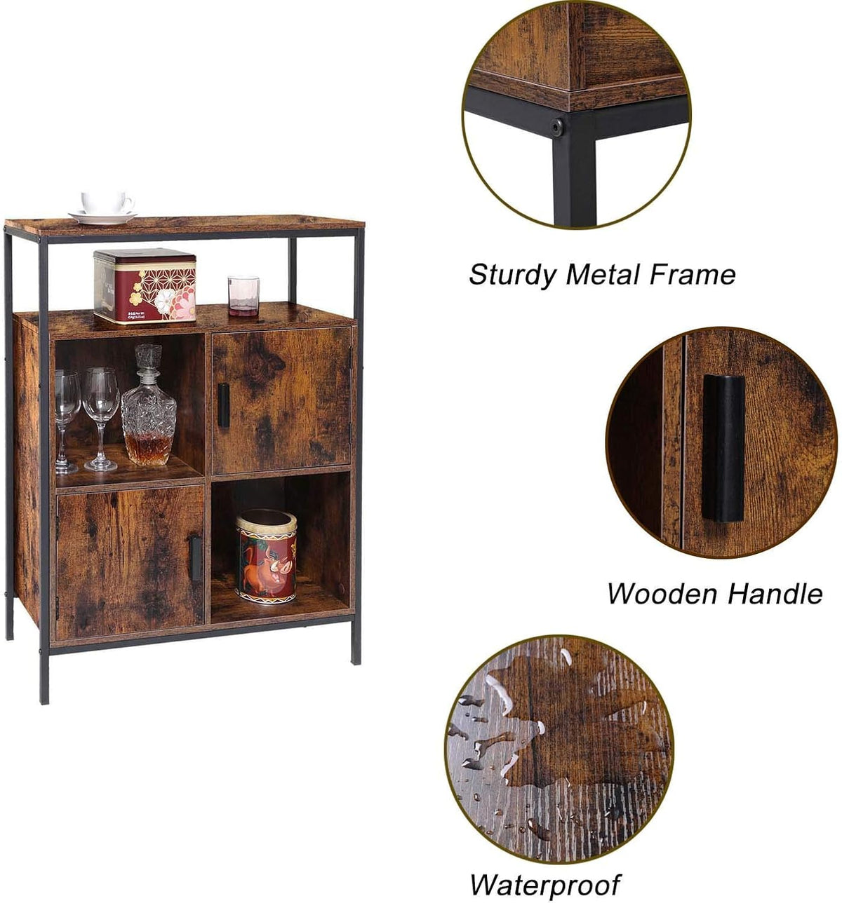 Rustic Brown Storage Cabinet with 2 Doors and Open Shelves C8042