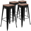 30" High Metal Indoor Bar Stool with Wood Seat Set of 4 Black F58701