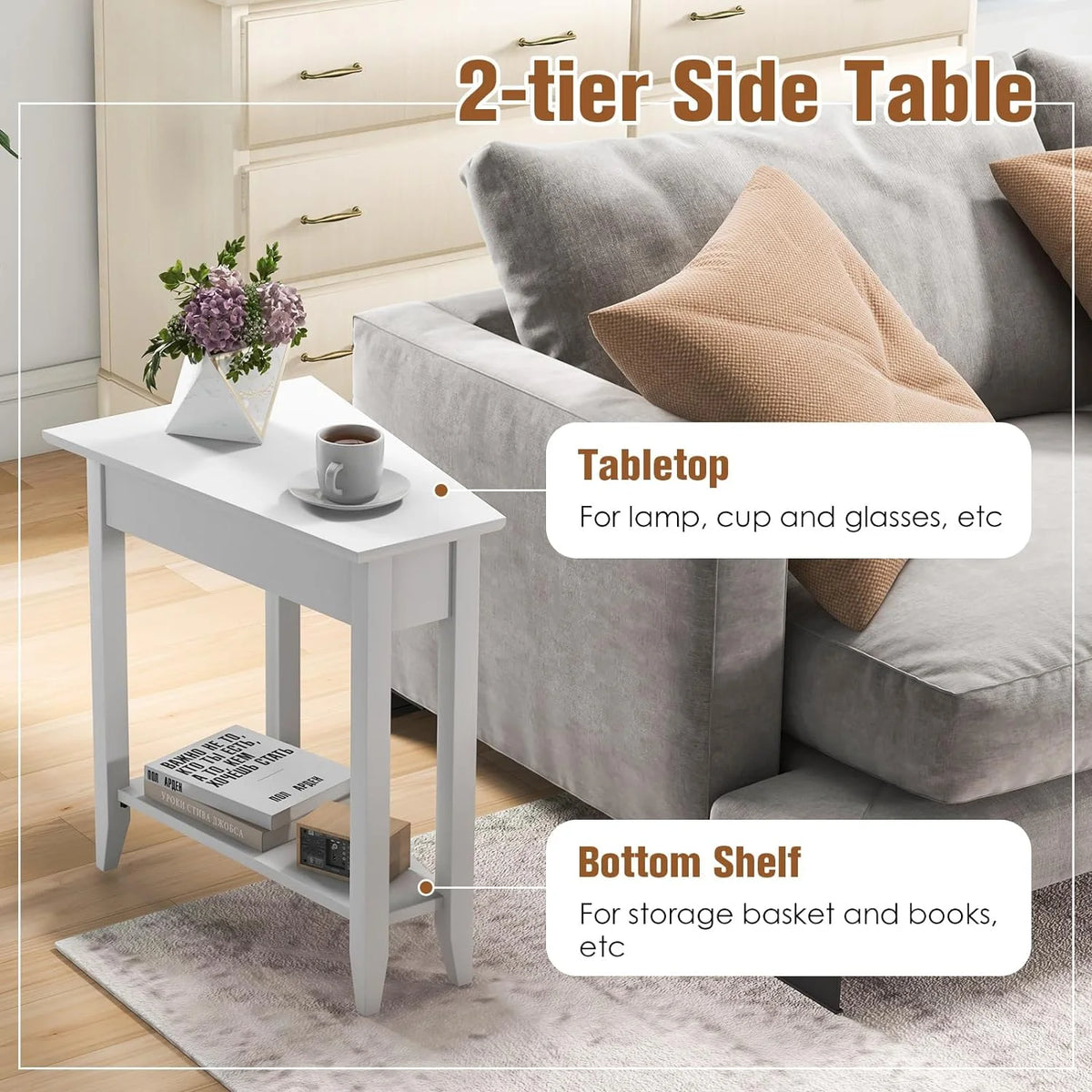 White Triangle Side Table with Storage Shelf and Solid Wood Legs V301