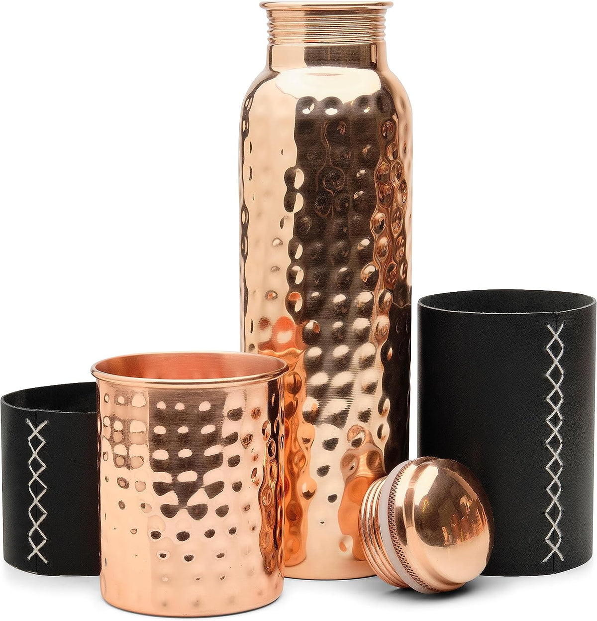 Copper Water Bottle with Copper Tumbler and Leather Sleeves U32416