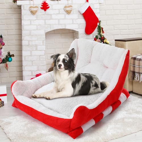 Red White 24x15x11 Inch Plush Synthetic Fur Christmas Dog Bed P36759