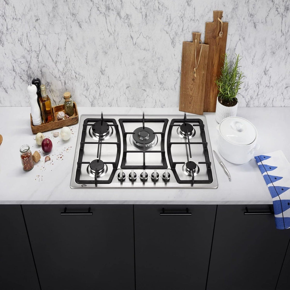 30 Inch 5 Burners Gas Cooktop Stainless Steel Cast Iron Grates B651526