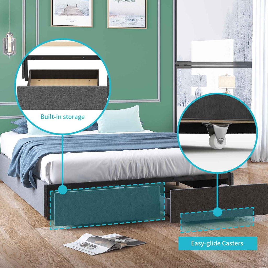 Queen Size Linen Fabric Upholstered Platform Bed with Storage Drawers T5565