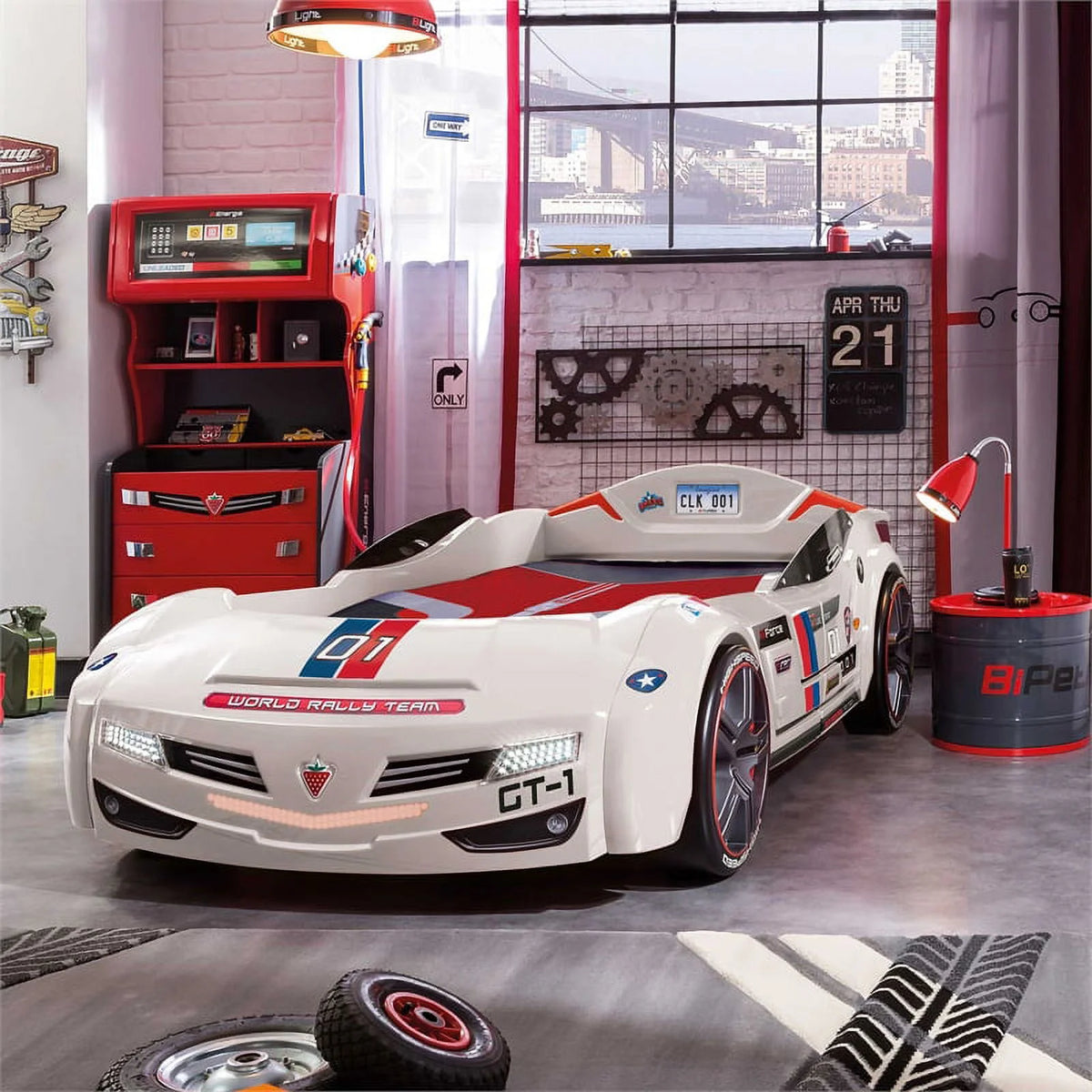 White Wood Twin Race Car Bed A651738