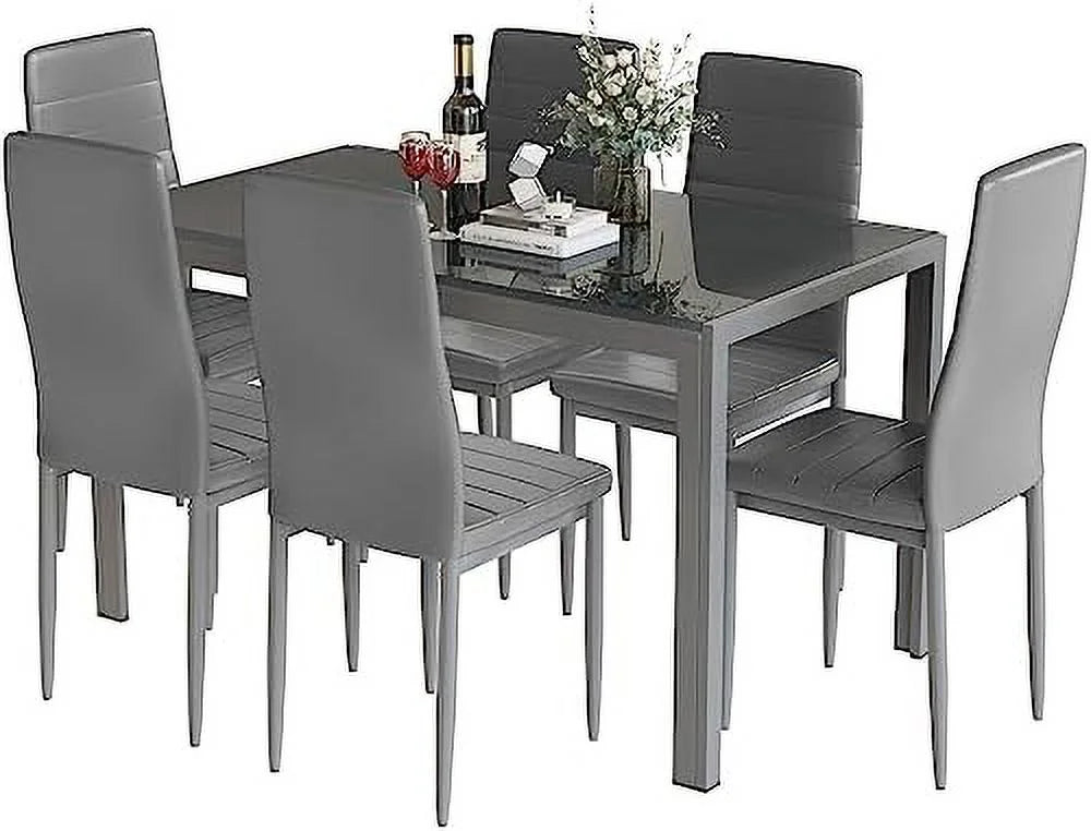5 Piece Faux Marble Dining Table and PU Leather Chairs Set W491680