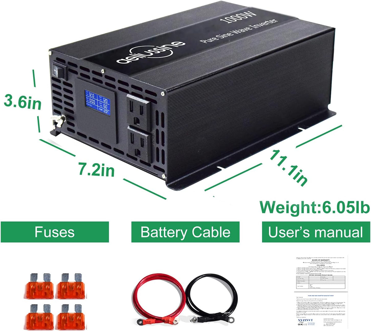 500 Watt Pure Sine Wave Inverter 12v to 110v 120v with 2 US Socket J92020
