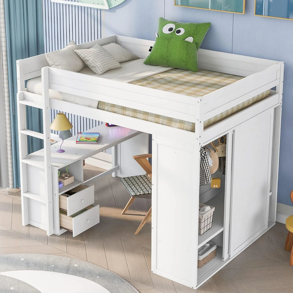 White Full Size Solid Wood Loft Bed with Wardrobes and Desk X825