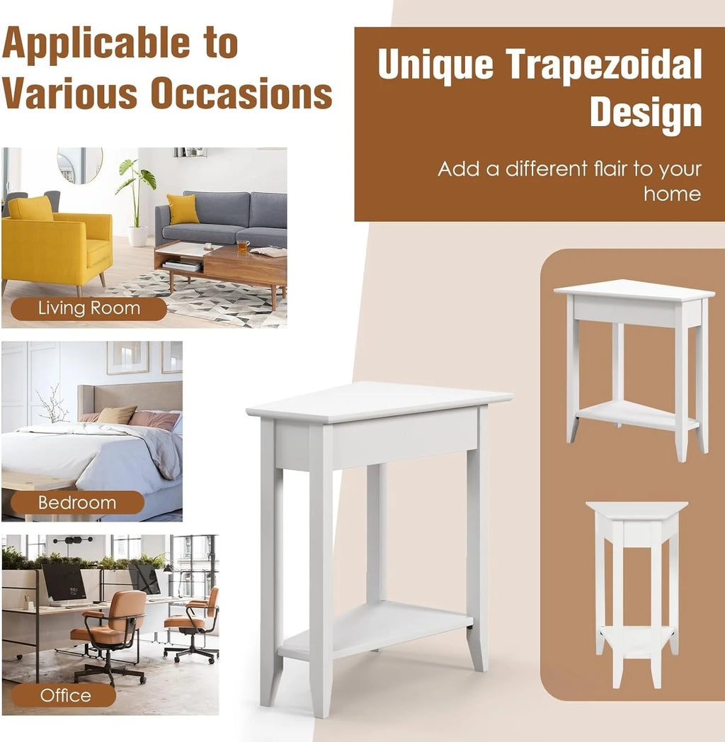 White Triangle Side Table with Storage Shelf and Solid Wood Legs V301