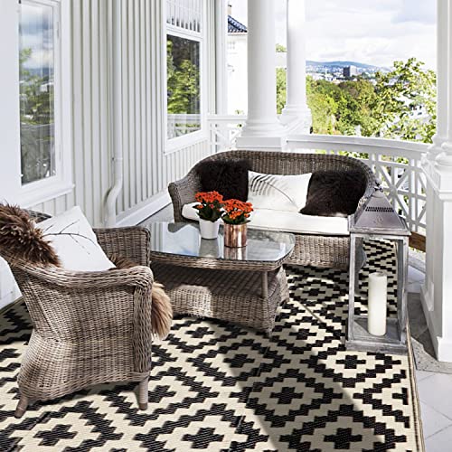 Waterproof Reversible Outdoor Rug 5x8 ft Black & Beige N29412