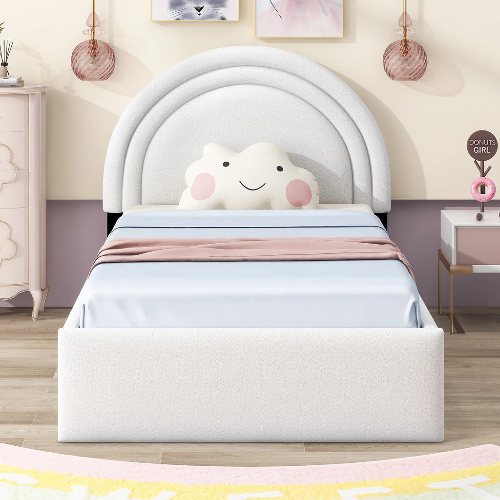 White Twin Upholstered Platform Bed with Four Drawers Q41104