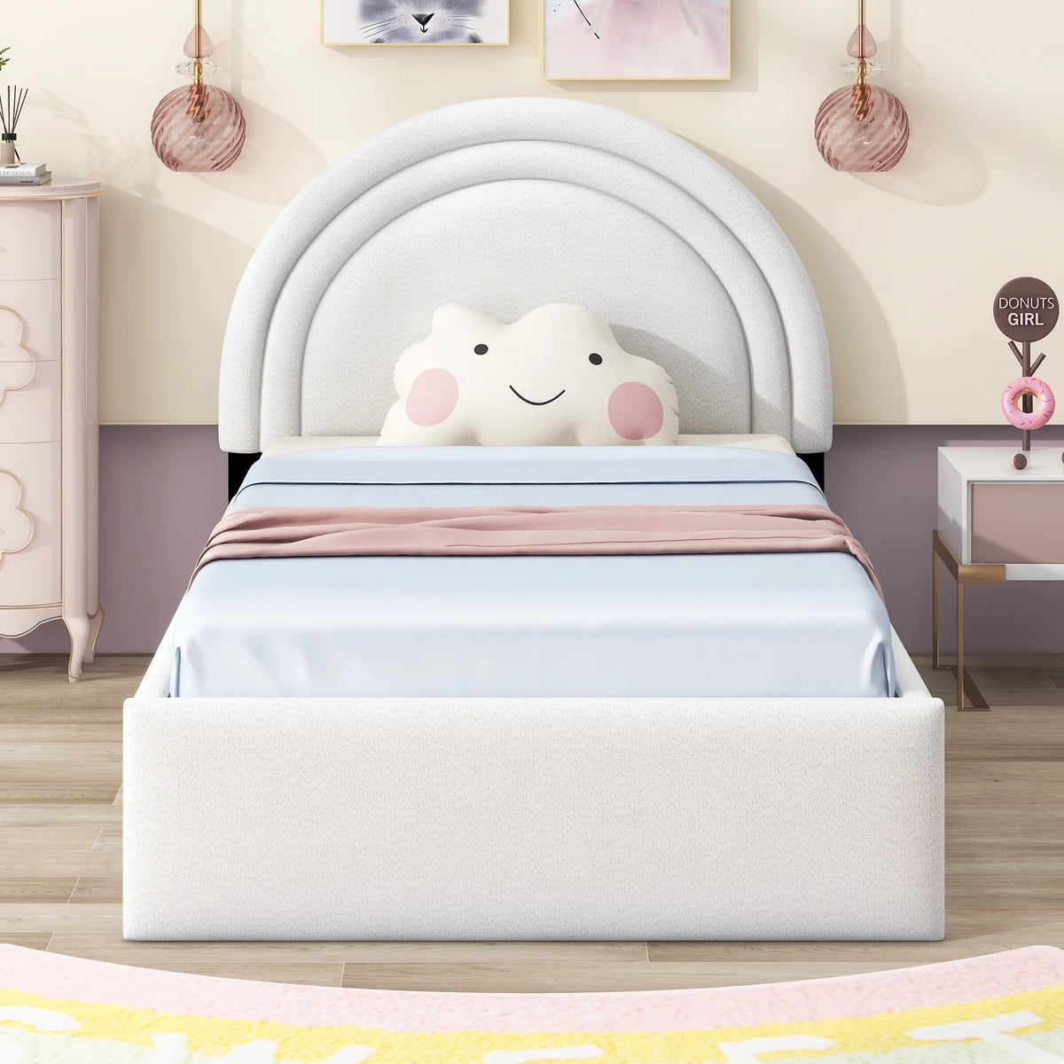 White Twin Upholstered Platform Bed with Four Drawers Q41104