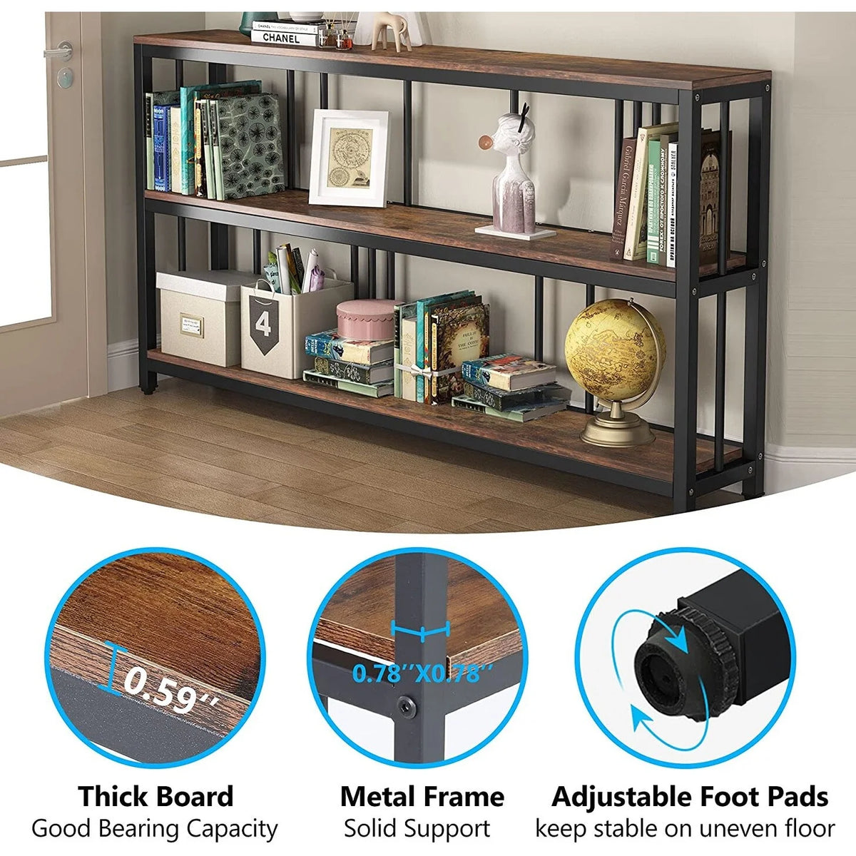 Narrow Long Sofa Table with Storage Shelves Rustic Brown Y4856
