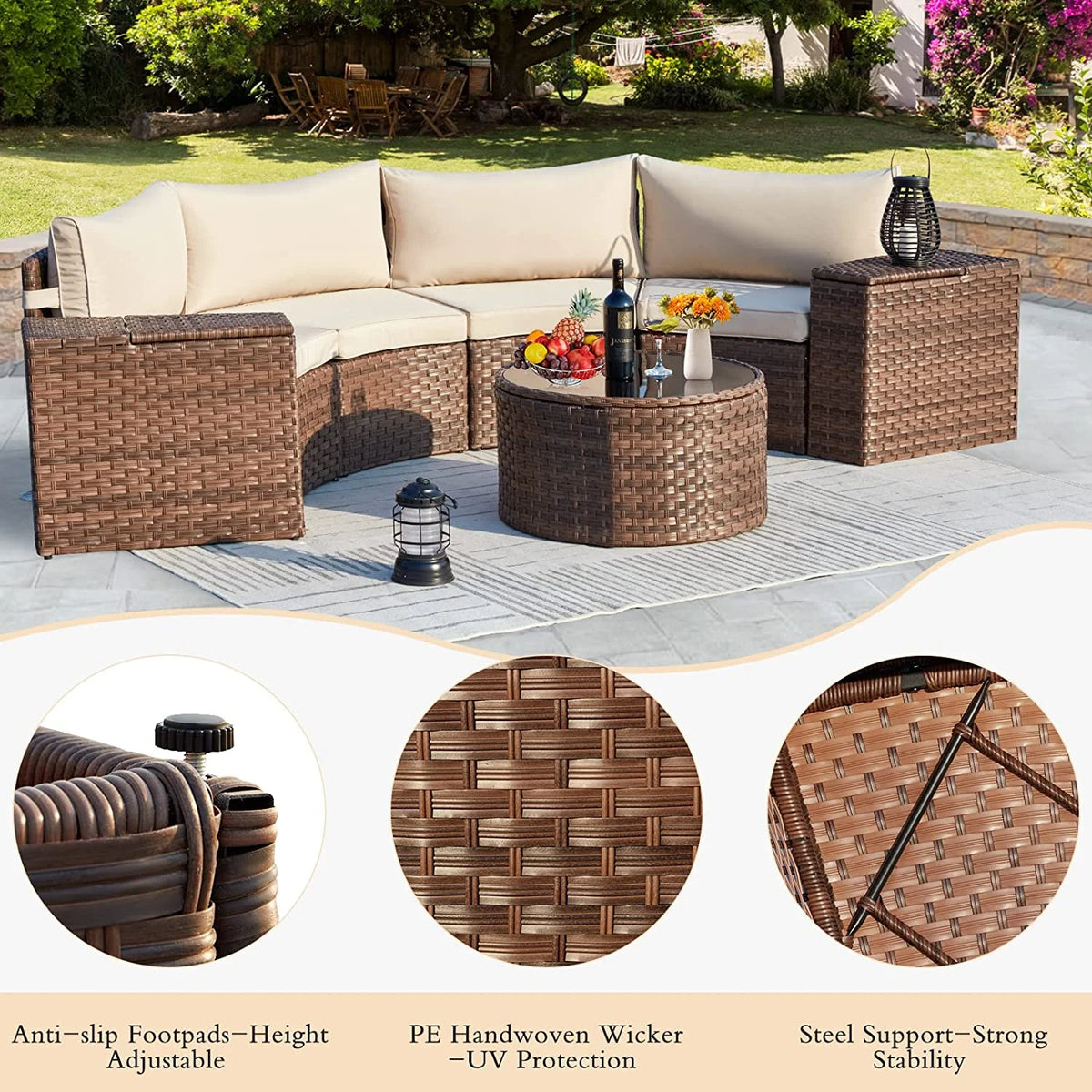 7 Piece Outdoor Patio Sectional Sofa Set with Storage Armrest G9645
