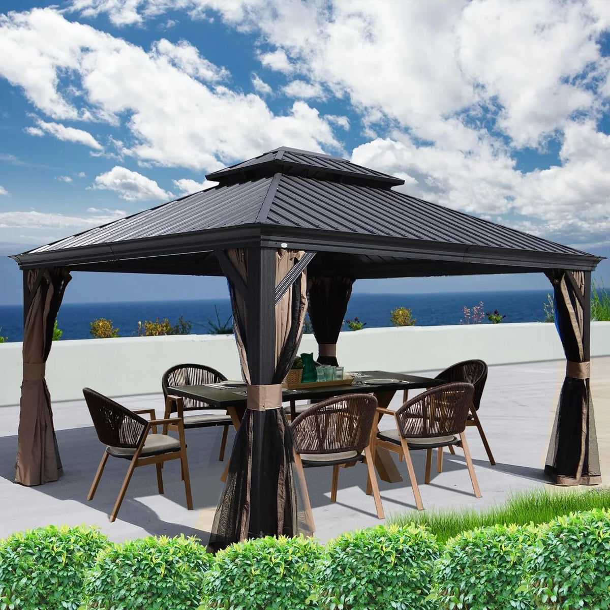 Hardtop Aluminum Gazebo with Mosquito Net and Privacy Sidewalls Q48501