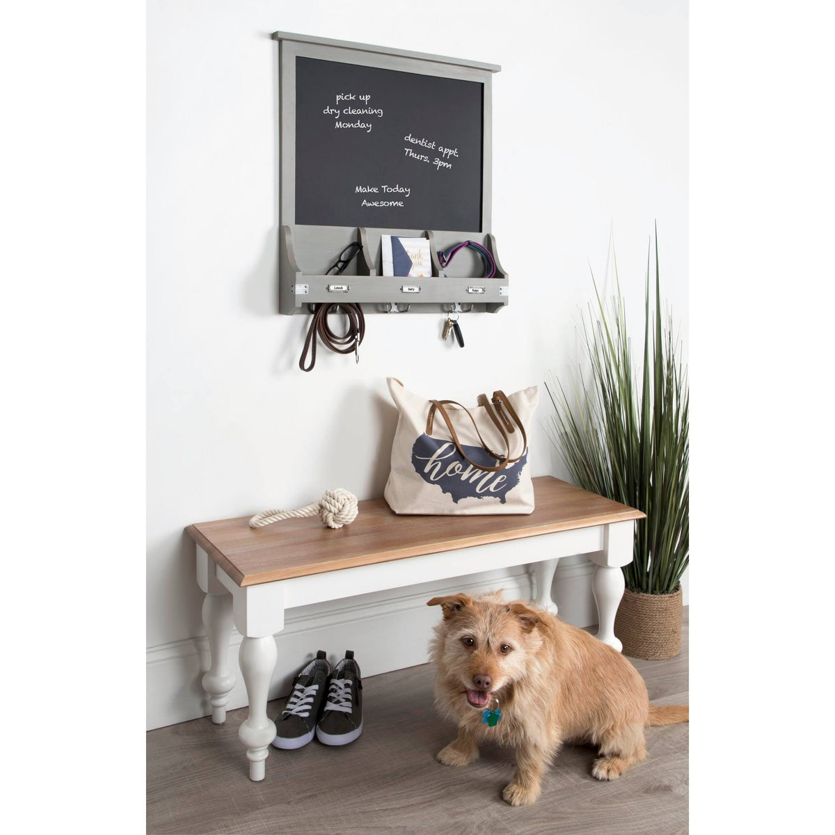 Decorative Rustic Wood Home Organizer with Chalkboard, Pockets, and Key Hooks I1773
