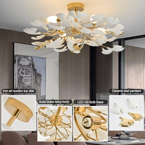 Gold Ceramic Ginkgo Leaf Semi Flush Mount Ceiling Light Fixture, 24" P7434