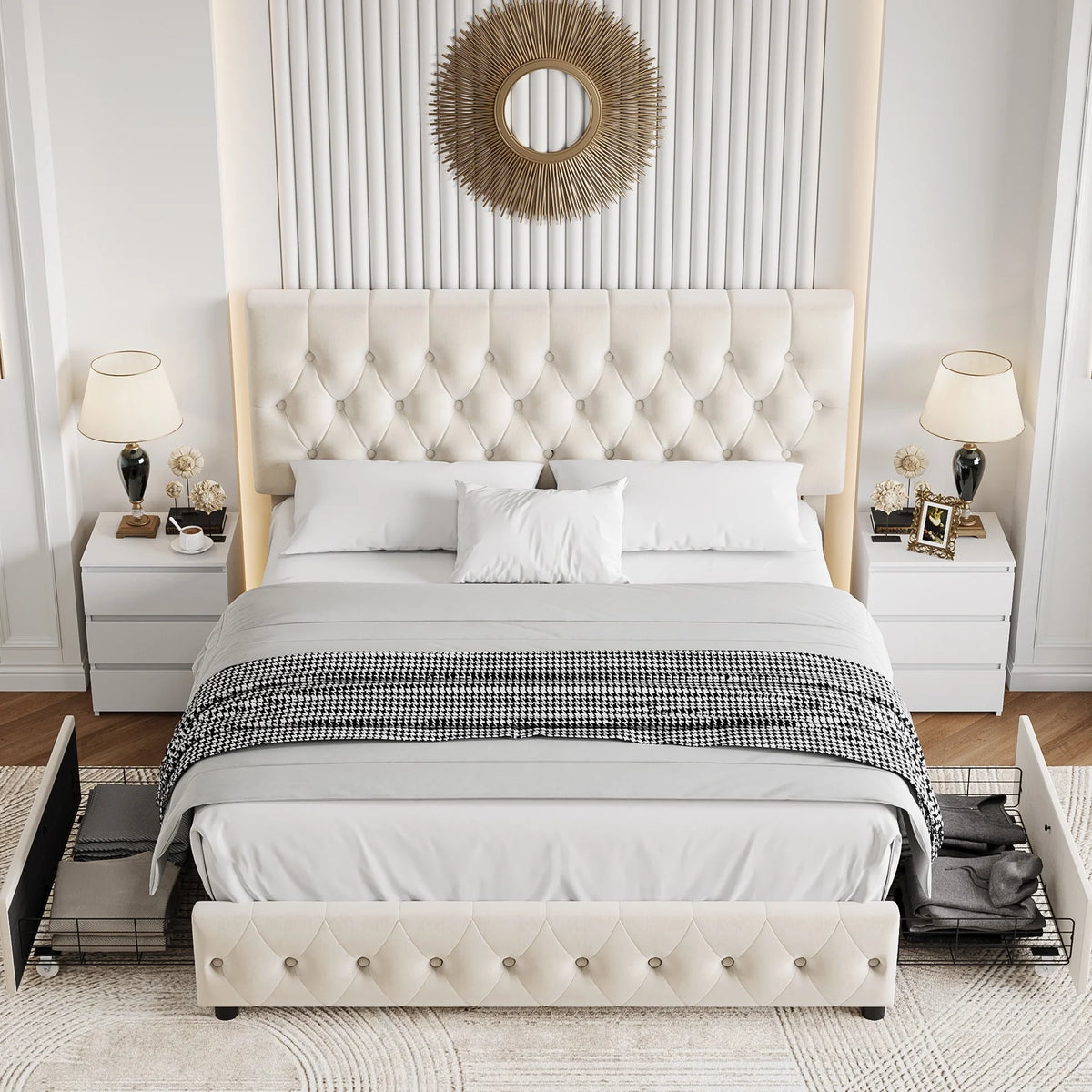 Queen Size Velvet Storage Bed with 4 Drawers W152042