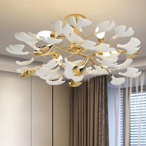 Gold Ceramic Ginkgo Leaf Semi Flush Mount Ceiling Light Fixture, 24" P7434
